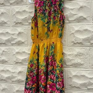 Chenault Yellow Floral Midi Dress with Pink & Green Print